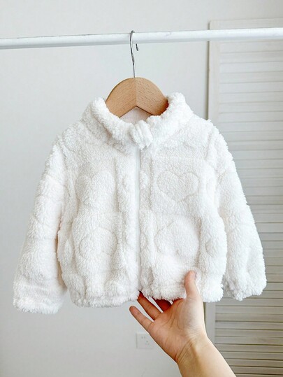 SHEIN LMoss Kids LMoss 女婴可爱休闲毛绒立领心形图案夹克，适合秋冬
