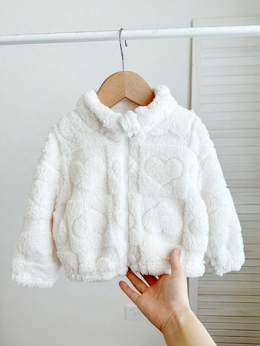 SHEIN LMoss Kids Áo khoác cổ đứng lông thú dễ thương và giản dị cho bé gái LMoss có họa tiết trái tim, hoàn hảo cho mùa thu và mùa đông - trắng - Xem 1