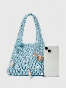 ROMWE Fairycore 1 Túi đi biển dệt họa tiết đại dương xanh đậm, phong cách nghỉ dưỡng, phụ kiện tự làm cho nữ, bao gồm 1 túi và 1 bộ phụ kiện, thích hợp cho mùa xuân/hè - Nhiều màu - Xem 5