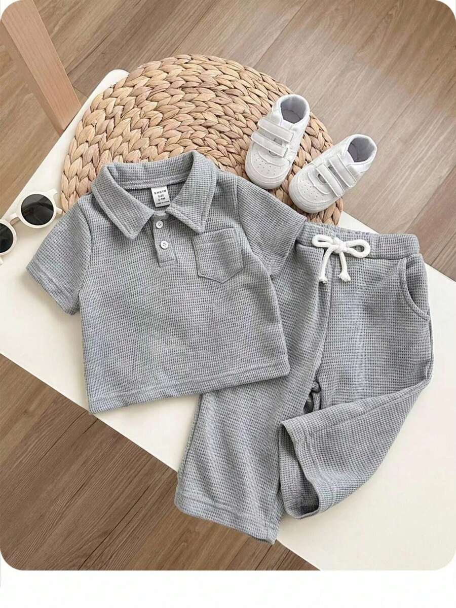 SHEIN 嬰兒男童短袖半扣領上衣和休閒長褲套裝 - 灰色 - 查看 1