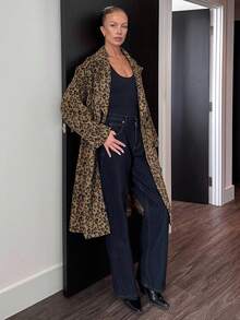 DAZY Abrigo largo y grueso de solapa de leopardo de doble botonadura de manga larga y holgado para mujer, otoño/invierno - Caqui - Ver 3