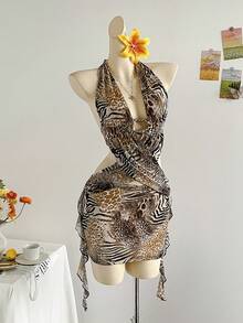 Soleia 女士性感迷你连衣裙，复古豹纹与斑马纹组合，V领，金属装饰吊带，腰部镂空，荷叶边下摆，适合派对、约会、下午茶、街头、城市度假、音乐节、海滩、夏季风格 - 彩色 - 查看 4