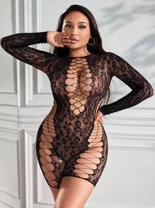 加大碼豹紋鑽孔連體褲，修身性感，1件裝