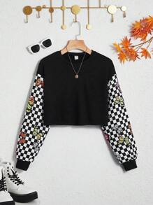 SHEIN Teen Girls Butterfly and Checker Print Crop Pullover - Black - View 1