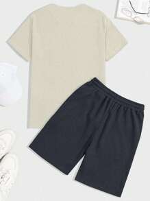 EURMUSE 100%Cotton Men Waffle Fabric Letter Printed Regular T-Shirt & Short Set - Beige - View 2