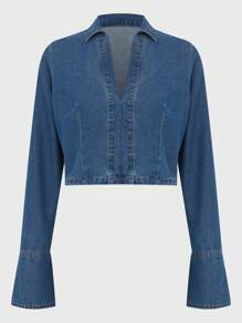 Daynim Women Casual Commuter V-Neck Cropped Denim Top Autumn - Medium Wash - View 6