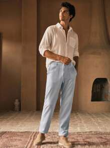 Manfinity VCAY Men's Casual Woven Striped Mid-Waist Tapered Pants - Blue and White - View 7