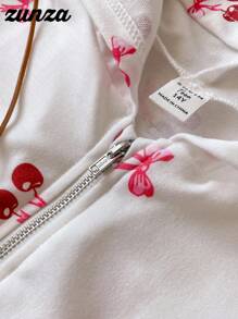 Sudadera con cremallera de ajuste holgado y cómodo con estampado de cerezas para adolescentes, para otoño e invierno - Blanco - Ver 4