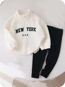 SHEIN Young Girl Cute Letter Printed Stand Collar Fluffy Top & Elastic Waist Long Pants Set - Black and White - View 1