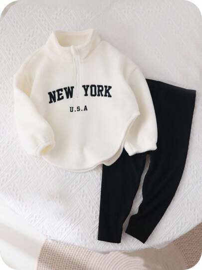SHEIN 年轻女孩可爱字母印花立领蓬松上衣和松紧腰长裤套装