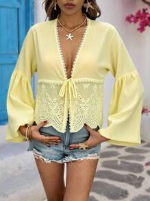 Vivid Eden 女士度假风格纯色 Schiffy 深 V 领前系带灯笼袖衬衫，春夏 - 黃色 - 查看 2