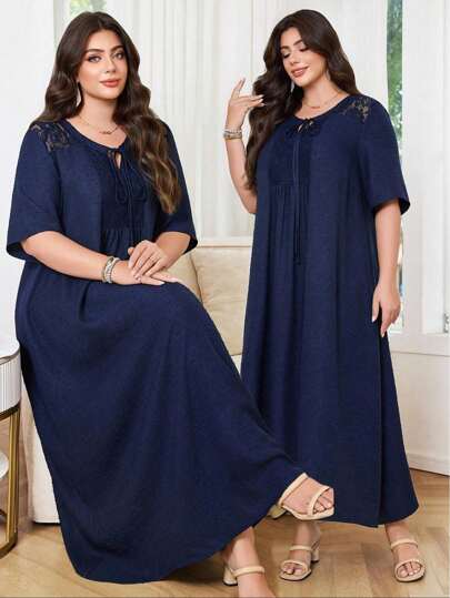 SHEIN Lacomfia 女士圆领短袖宽松蕾丝提花拼接优雅百搭休闲大码连衣裙