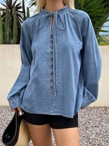 Livesso 女式休闲水洗抽绳V领长袖牛仔衬衫 - 藍色 - 查看 1