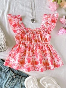 SHEIN Tween Girls' Casual Simple Comfy Square Neck Floral Print Cap Sleeve Shirt