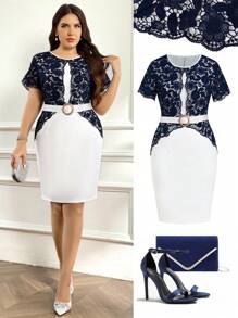 Ellevyn Đầm ren tương phản cổ tròn tay ngắn thanh lịch cho nữ cỡ lớn - Xanh và trắng - Xem 2