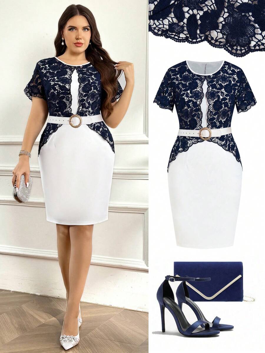 Ellevyn Đầm ren tương phản cổ tròn tay ngắn thanh lịch cho nữ cỡ lớn