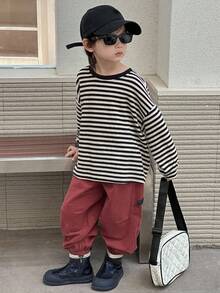 DAZY Toddler Boys' Casual Loose Fit Striped Round Neck Long Sleeve T-Shirt, Cool For Autumn