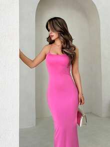 Jemour 女士简约素色交叉带日常连衣裙长款女装 - 玫紅色 - 查看 4