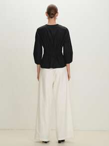 BizChic Women's Black Lantern Sleeve A-Line V-Neck Urban Commuting Office Business Casual Elegant Blouse, Ladies Professional Formal Wear Top - Black - View 6