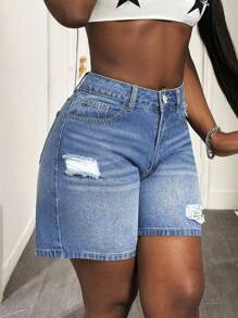 SHEIN SXY Plus Size Women Distressed Denim Skinny Sexy Shorts, Spring Spring Outfits For Women Festival Outfits Bermuda Shorts - Blue - View 7