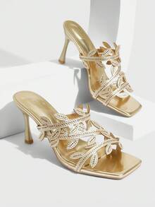 CUCCOO SZL Giày cao gót mỏng mũi vuông dành cho nữ có thiết kế hình con bướm - Vàng - Xem 2