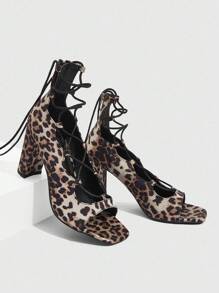 CUCCOO SZL Giày sandal dự tiệc mũi vuông đế dày họa tiết da báo thời trang tối giản thoải mái cho nữ có dây kéo phía sau - màu đen - Xem 2