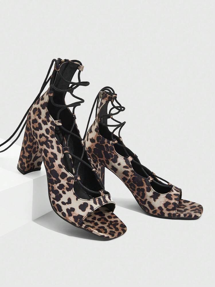 CUCCOO SZL Women's Outdoor Square Toe Chunky Heel Leopard Print Fabric Fashion Minimalist Comfortable Party Sandals With Back Zipper Strap