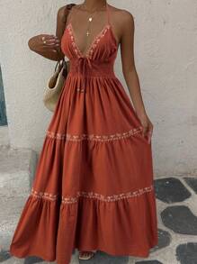 SHEIN EZwear Váy cổ yếm dệt Bohemian màu nâu gỉ sét dành cho nữ - Rỉ Nâu - Xem 2