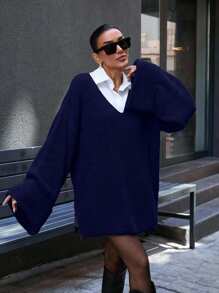 EURMUSE 休闲超大深V领双喇叭袖毛衣 - 藏蓝色 - 查看 7