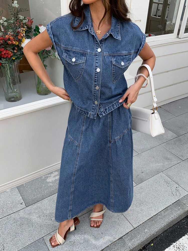 DAZY 女士夏季休闲牛仔背心和迷你裙两件套 - 藍色 - 查看 1