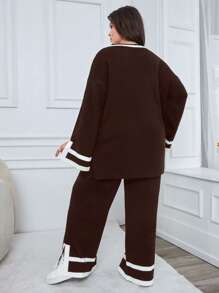 EURMUSE 1pc Contrast Trim Drop Shoulder Sweater & 1pc Knit Pants - Brown - View 2