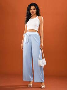 Hanevo 女式优雅条纹印花系带阔腿裤