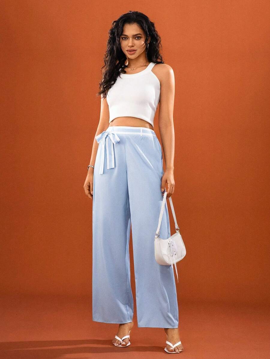 Hanevo 女式优雅条纹印花系带阔腿裤