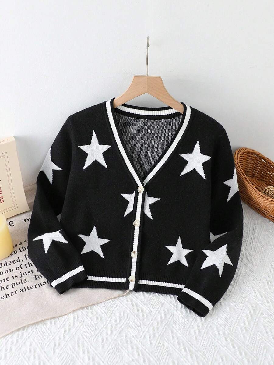 SHEIN Áo khoác len dệt kim Jacquard họa tiết thời trang cho bé gái tuổi mới lớn - màu đen - Xem 1