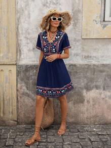 Brillora Đầm dự tiệc mùa hè cổ chữ V in họa tiết Mexico cho nữ - Màu xanh hải quân - Xem 4