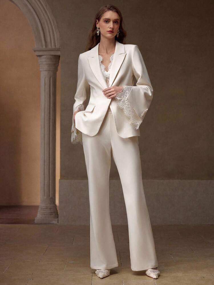 PEAK COLLAR CONTRAST LACE SPLIT SLEEVE SINGLE BUTTON BLAZER & FLARE LEG PANTS OUTFIT