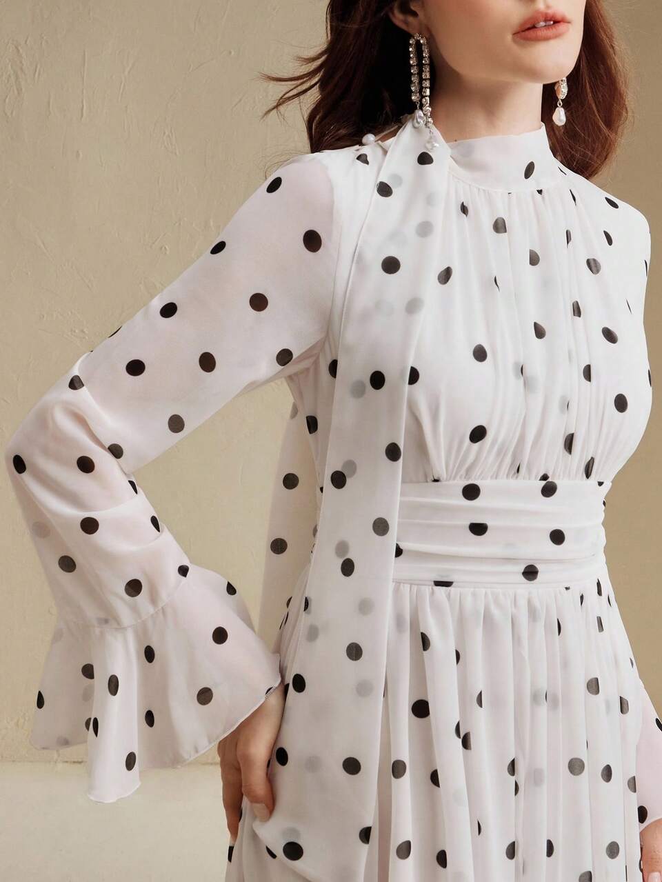 Elegant Polka Dot Chiffon Bow-Decor Cinched Waist Long Dress For Women