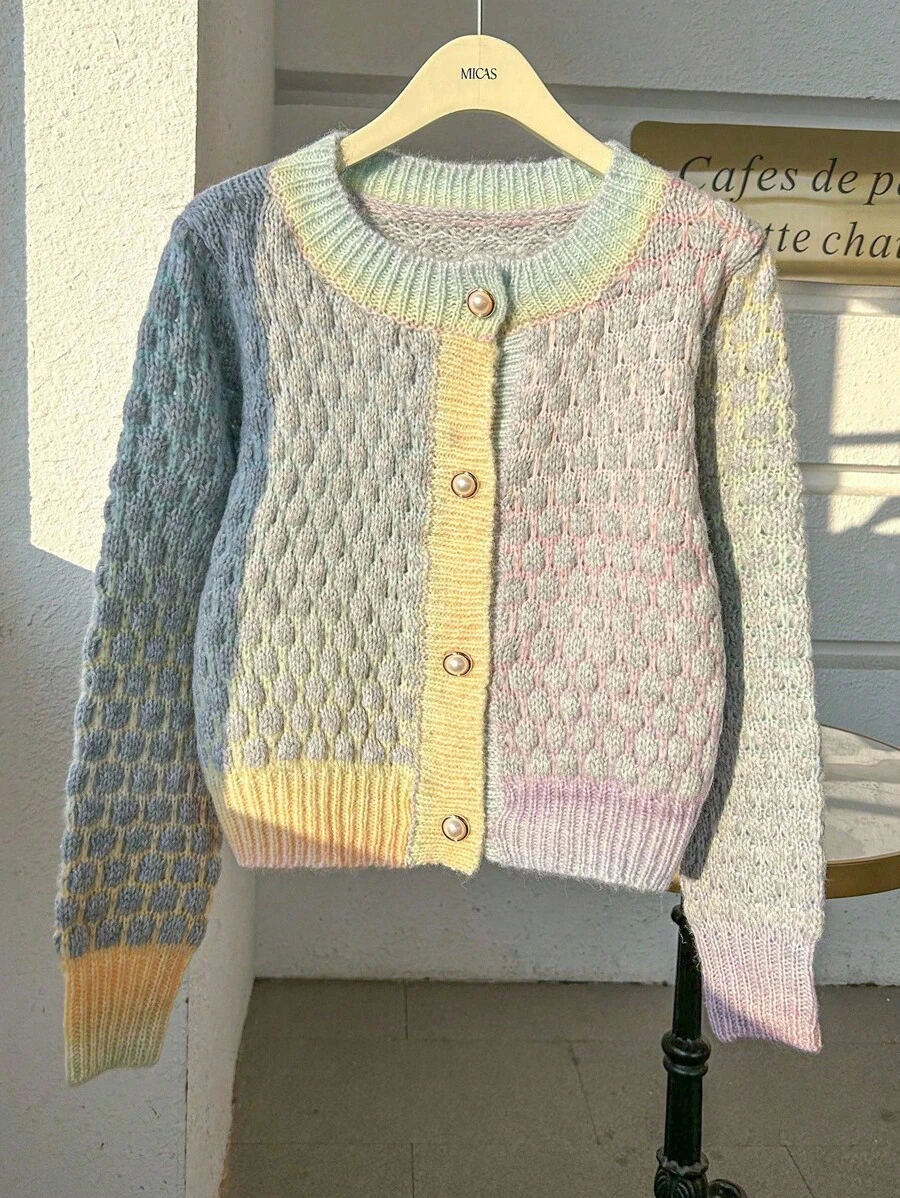 Franclia Women's Casual Button-Up Round Neck Mixed Fabric Cardigan Knitted Sweater Roupa Para A Universidade Fall Winter Cloth For Women