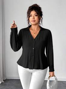 Elenzga 加大码 V 领蕾丝拼接长袖女式优雅蝴蝶结露背外出上衣衬衫 - 黑色 - 查看 6