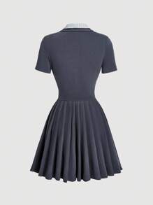 SHEIN MOD 女式撞色条纹 Polo 领短袖纽扣式迷你褶边休闲连衣裙 - 黑色 - 查看 3