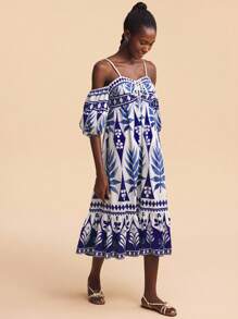 Travachic Vestido de manga larga con estampado de plantas tropicales, hombros descubiertos y mangas altas para mujeres, adecuado para vacaciones - Azul - Ver 3