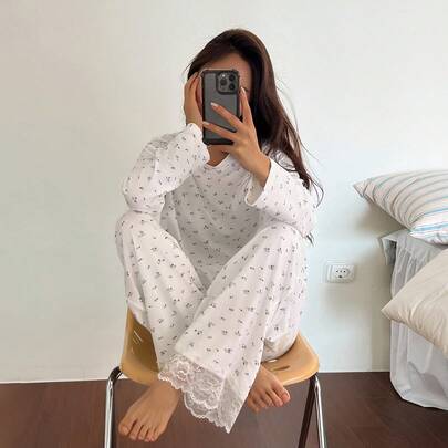 잔잔한 플로럴 레이스 패치워크 여성 잠옷 세트, 가을 옷