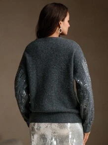 Anewsta Jersey de cuello redondo oversize para mujer con bordado de lentejuelas, de moda y suelto