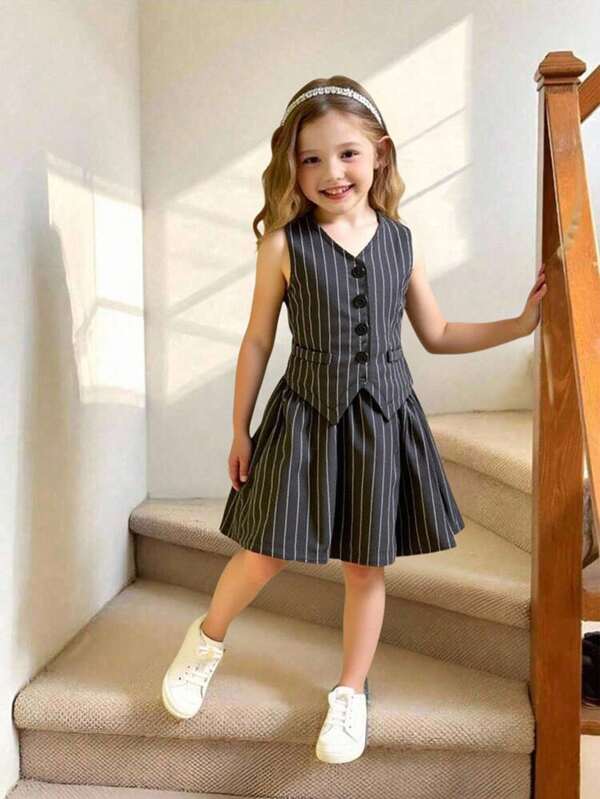 2pcs/Set Girls Striped Sleeveless Vest Top And Pleated Skirt Set, Casual School Style Girl Outfit, Suitable For Street, Back To School, College Casual Wear