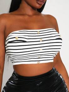 SHEIN SXY Plus Size Women Black & White Striped Crop Top With Metal Buckle Decor, Knit - Black and White - View 4