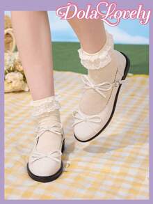 Dola Lovely 2025新款法式蝴蝶结玛丽珍鞋，复古圆头平底休闲皮鞋，女款春夏 - 米色 - 查看 4