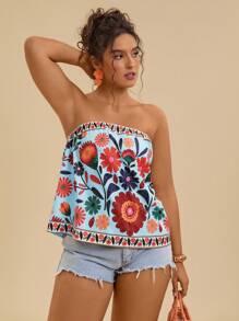 Travachic 大码女式彩色花卉印花宽松休闲吊带背心 - 藍色 - 查看 5