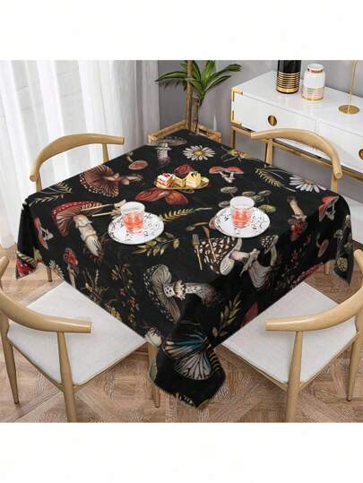Hippie 1pc Stylish Dark-Themed Tablecloth Featuring Butterflies And Poisonous Mushrooms, Suitable For Outdoor Dining In Restaurants, Home Decor, And Also For Picnics And Holiday Parties