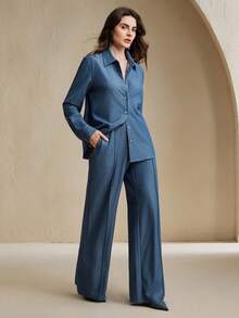 Anewsta 2pcs Vintage Style Long Sleeve Cardigan Shirt And Flared Leg Pants Set, Autumn - Blue - View 4