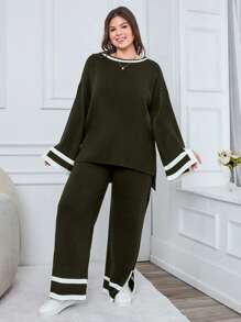 EURMUSE 1pc Contrast Trim Drop Shoulder Sweater & 1pc Knit Pants - Army Green - View 3